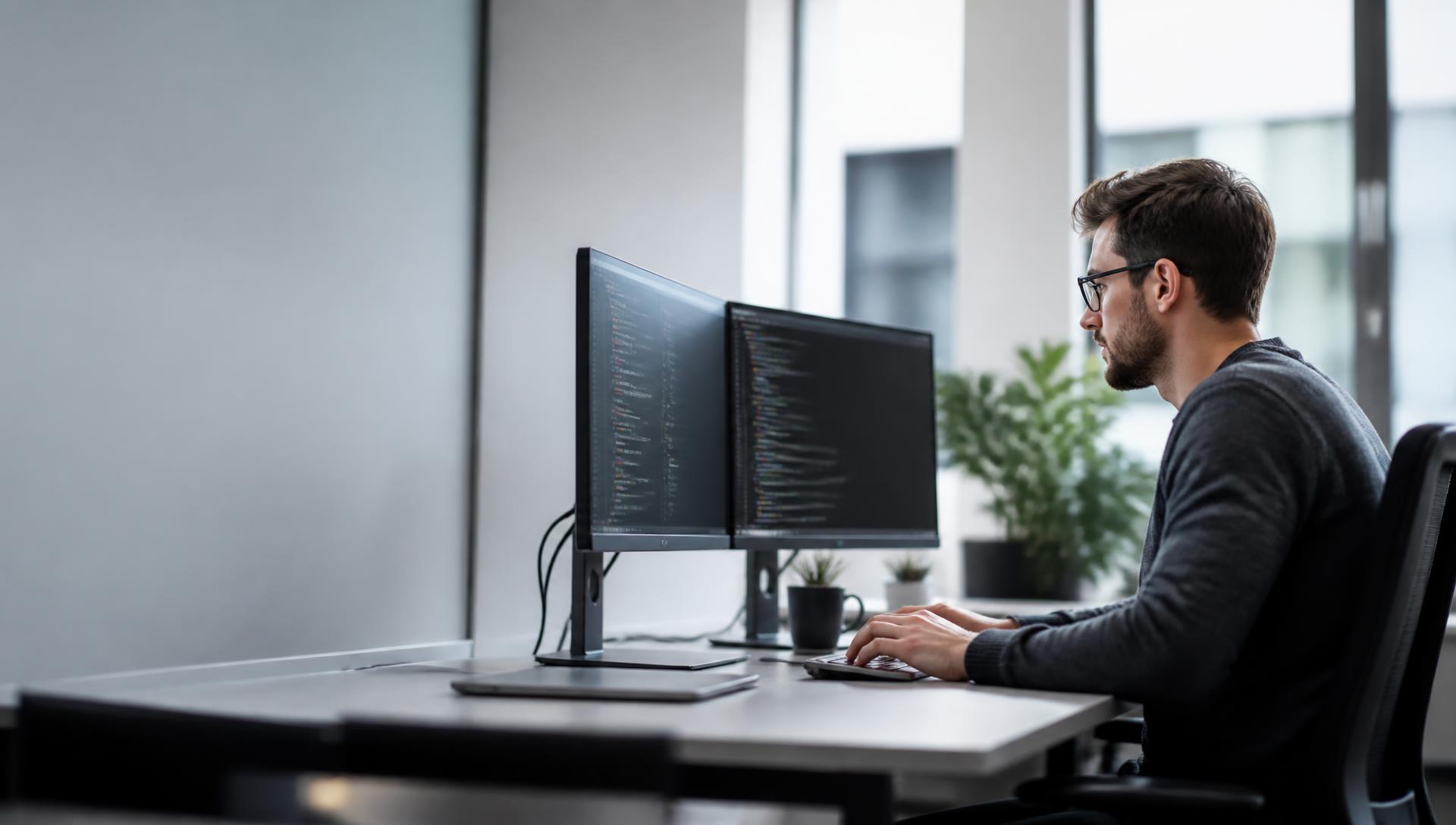 ICT professional writing code at a dual-monitor workstation for an ACS skills assessment