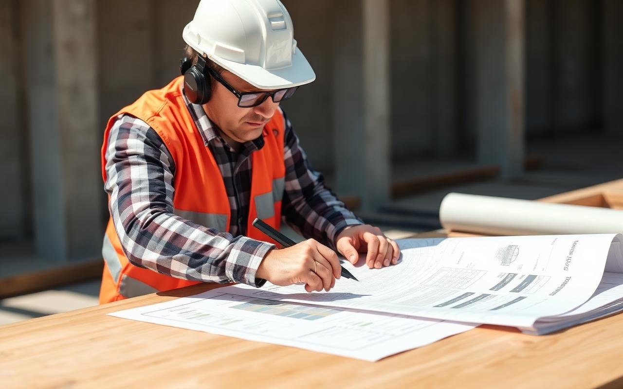 Quantity surveyor reviewing cost plans and blueprints on site for an AIQS skills assessment