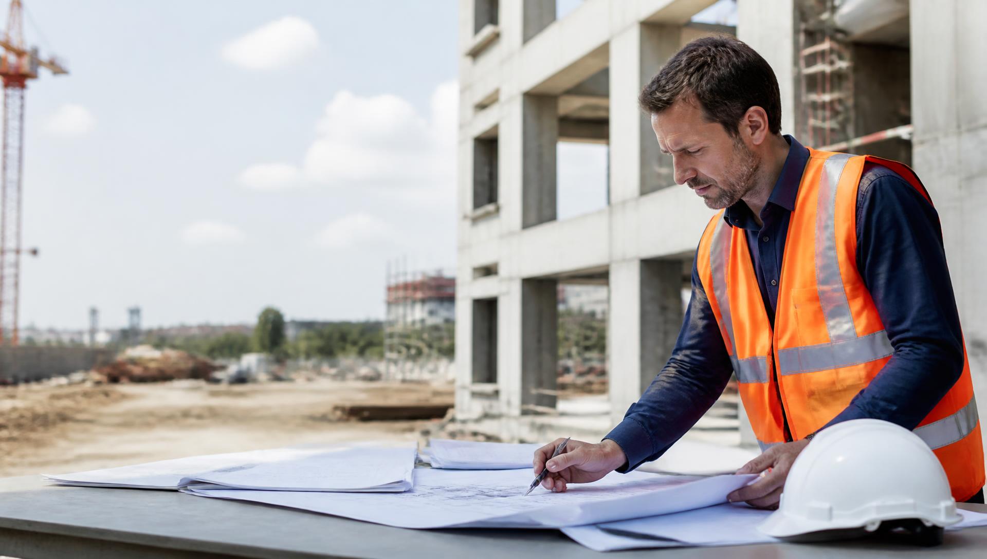 Quantity surveyor reviewing cost plans and blueprints on site for an AIQS skills assessment