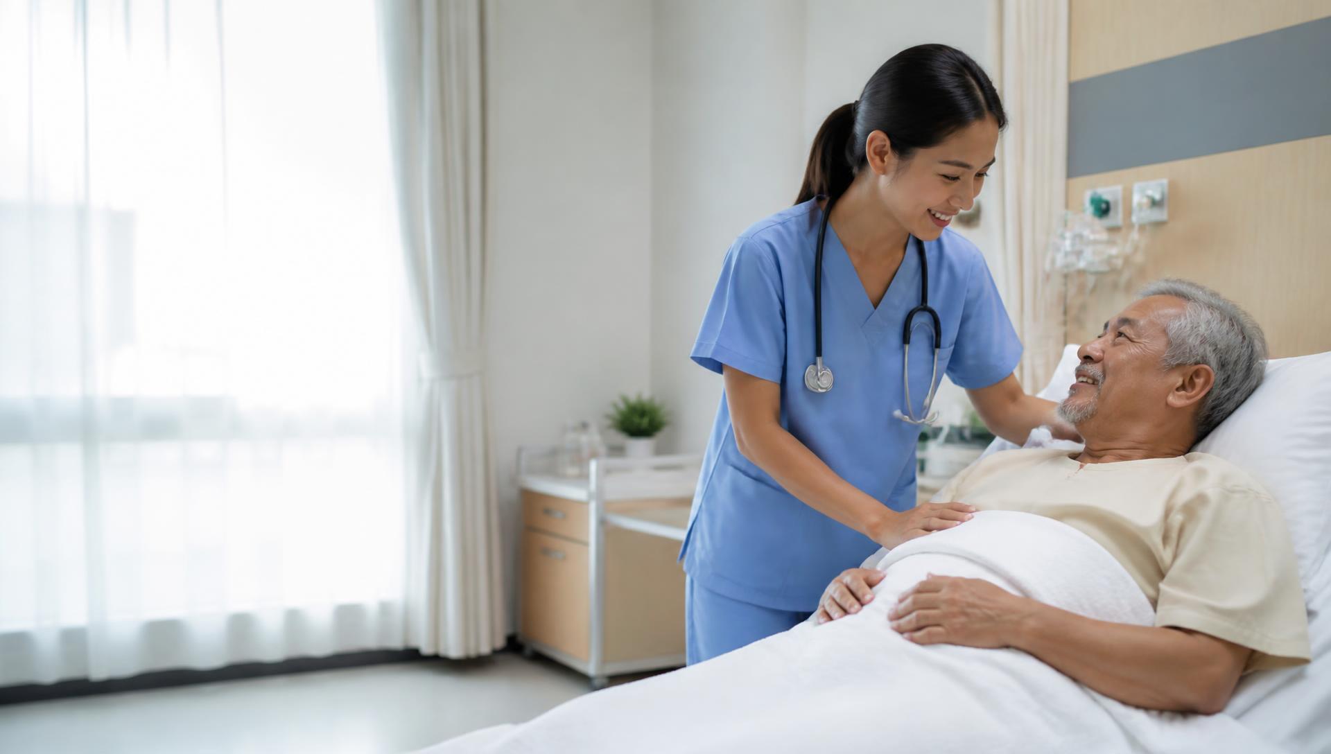 Nurse caring for a patient in a hospital ward for an ANMAC nursing skills assessment