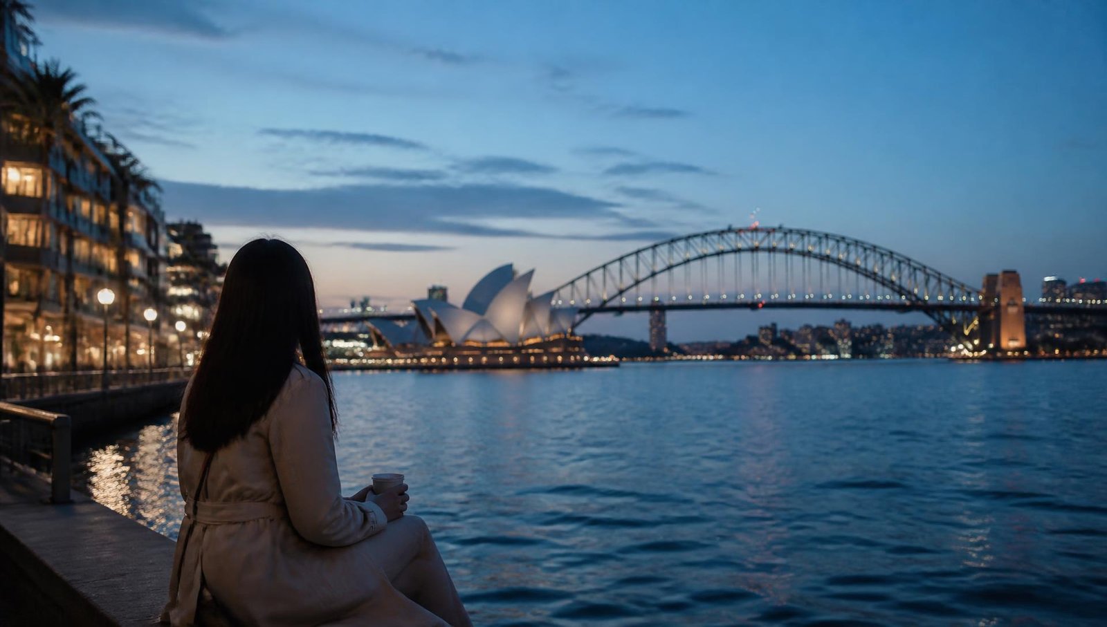 Australia PR points calculator — Sydney harbour skyline at dusk