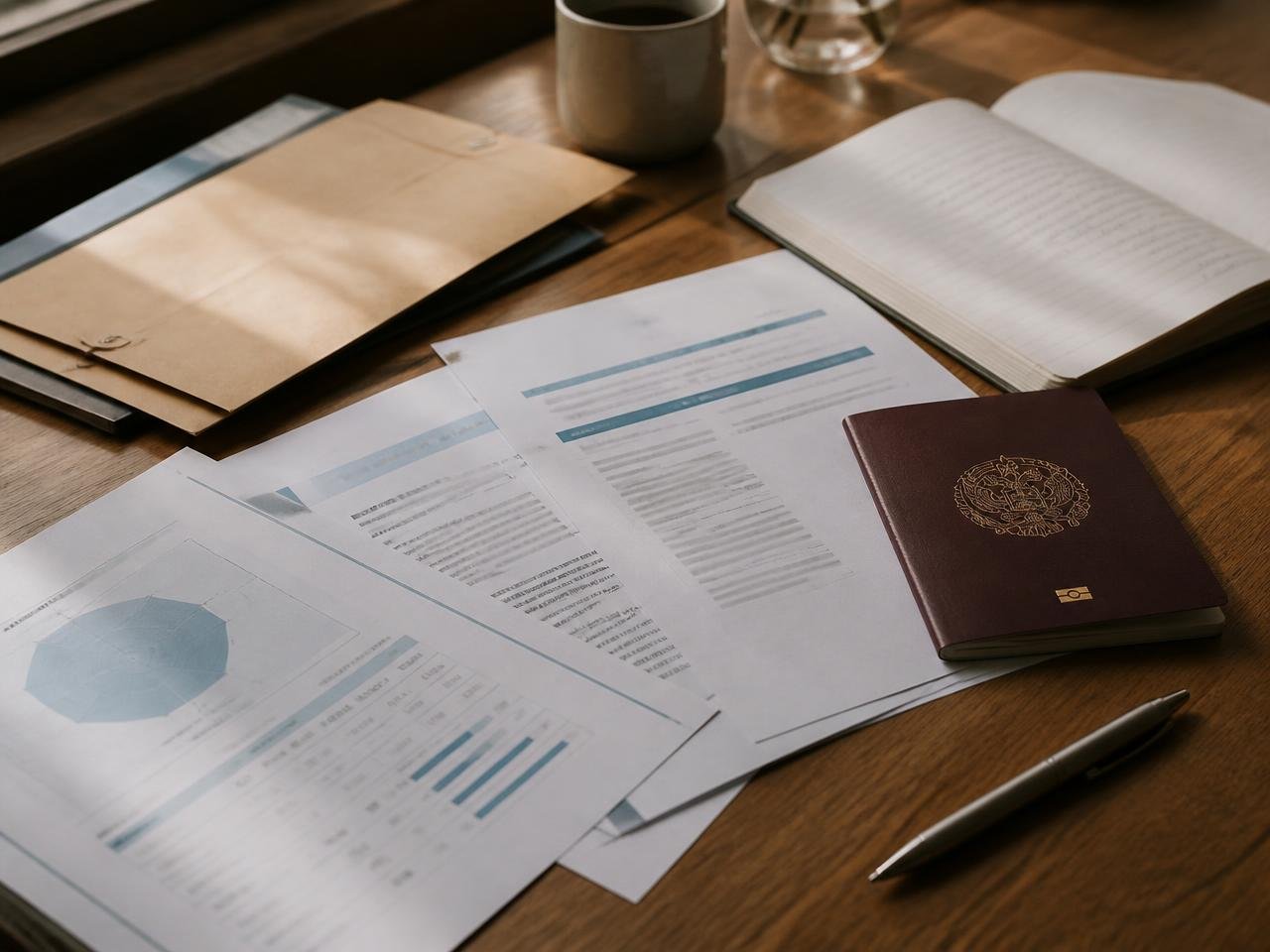 Credential assessment paperwork, language test reports and a passport laid out on a desk