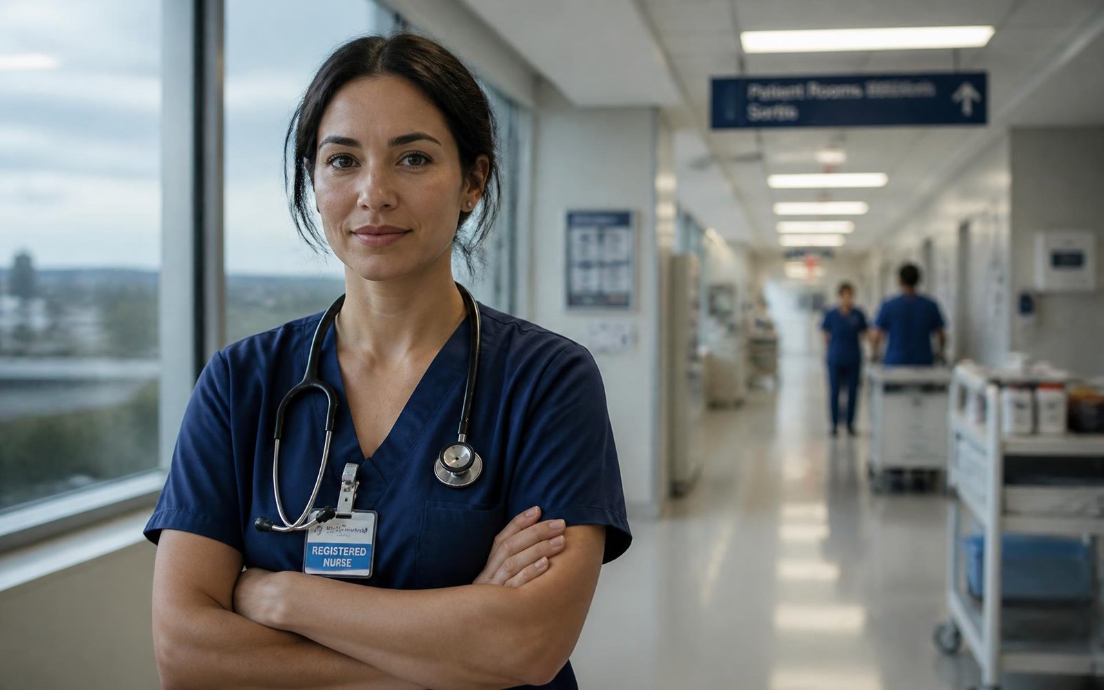 Registered nurse in a Canadian hospital corridor