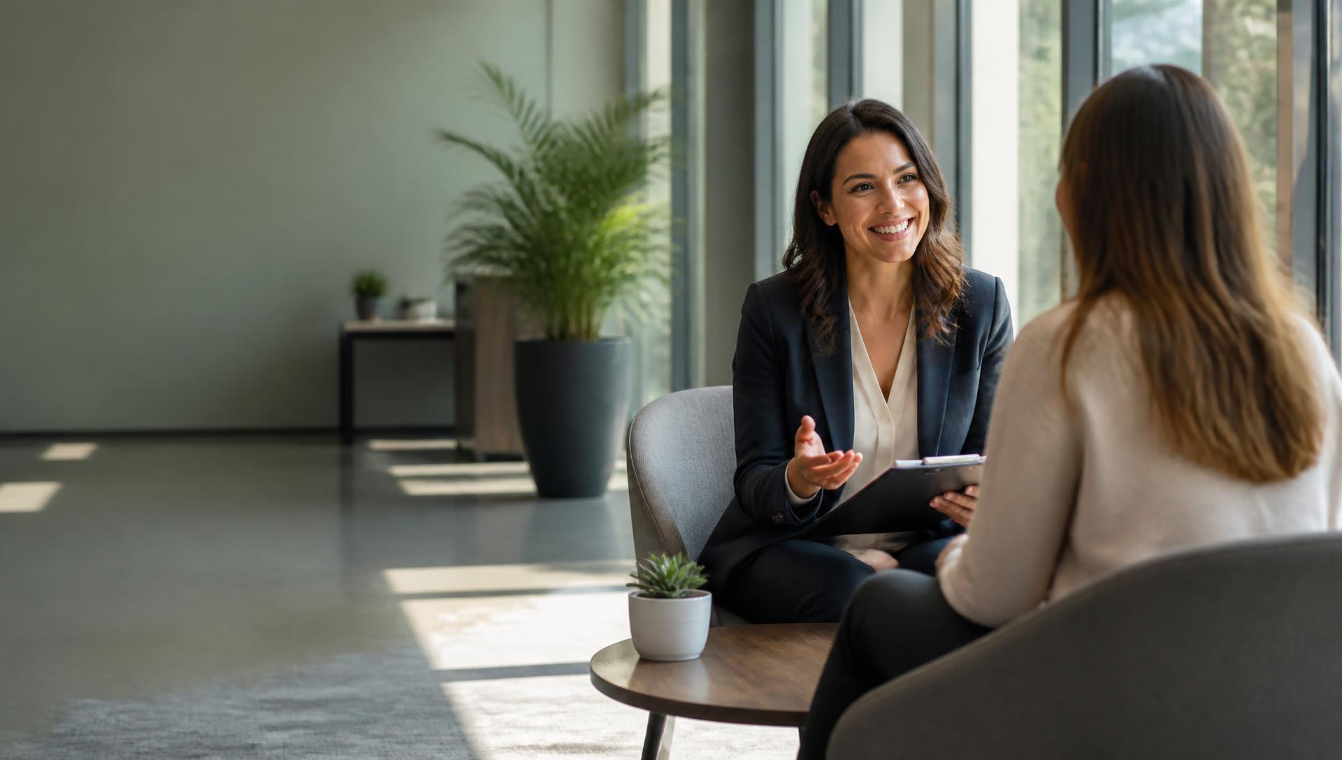 A consultant welcoming clients for a free eligibility assessment meeting