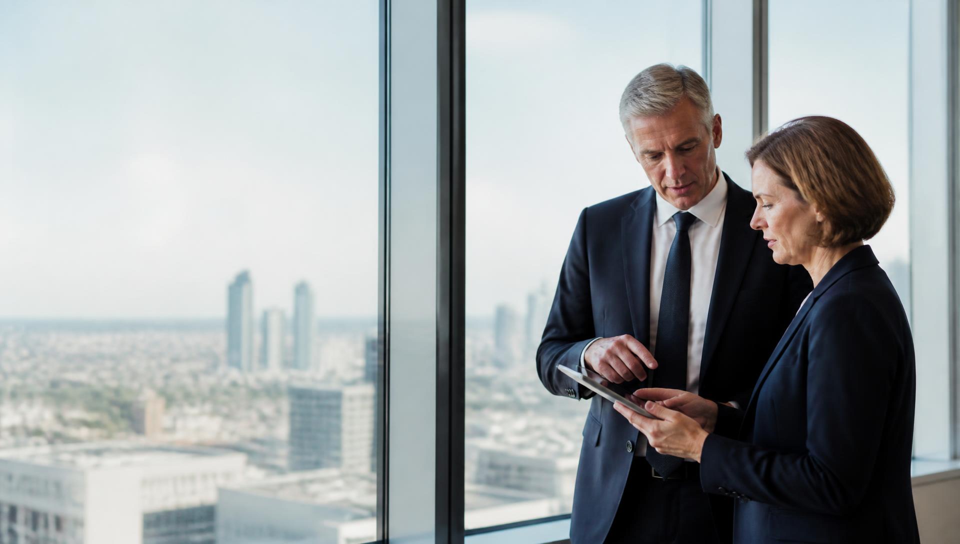 Two senior MovesEdu consultants discussing case standards by an office window
