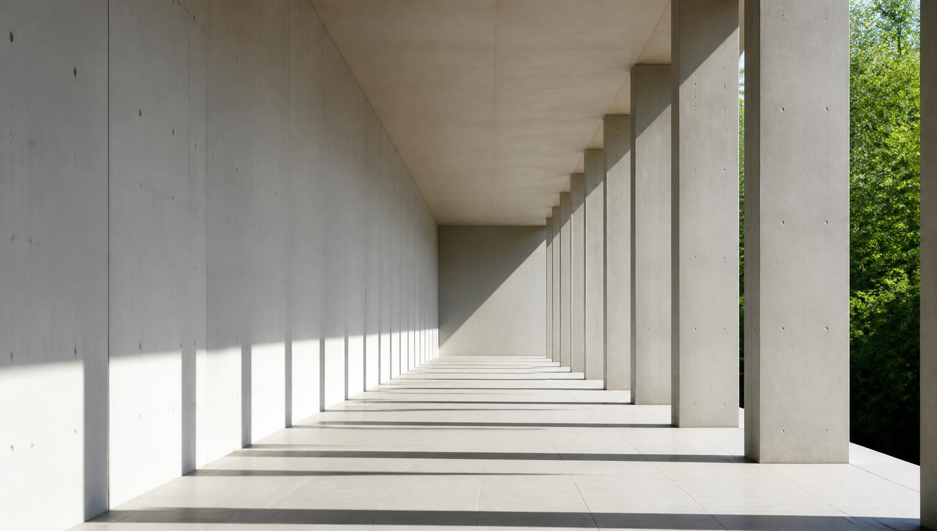 Concrete colonnade with clean geometric shadows